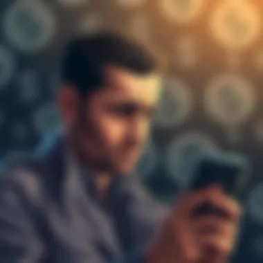 Lost Cryptocurrency A man looking worried while checking his phone for stolen cryptocurrency updates, with a background of Shiba Inu logos and dollar signs.