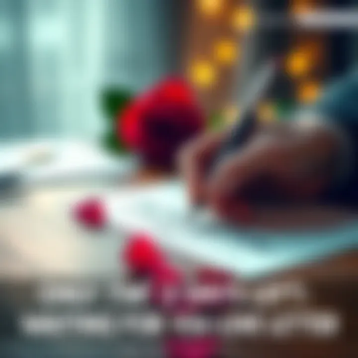 A close-up of a hand writing a love letter on a desk with a rose and an envelope nearby.