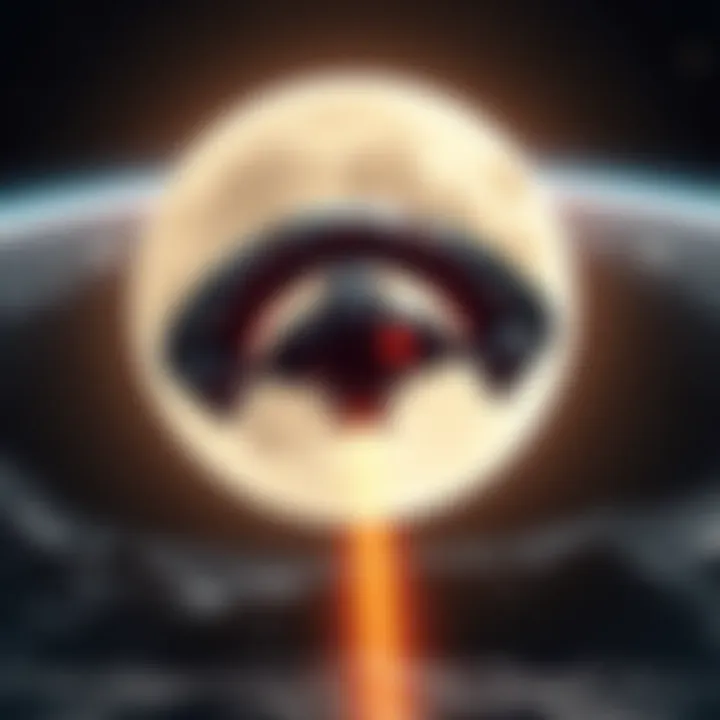 A futuristic spacecraft approaching the moon with Earth in the background, symbolizing the upcoming moon missions.
