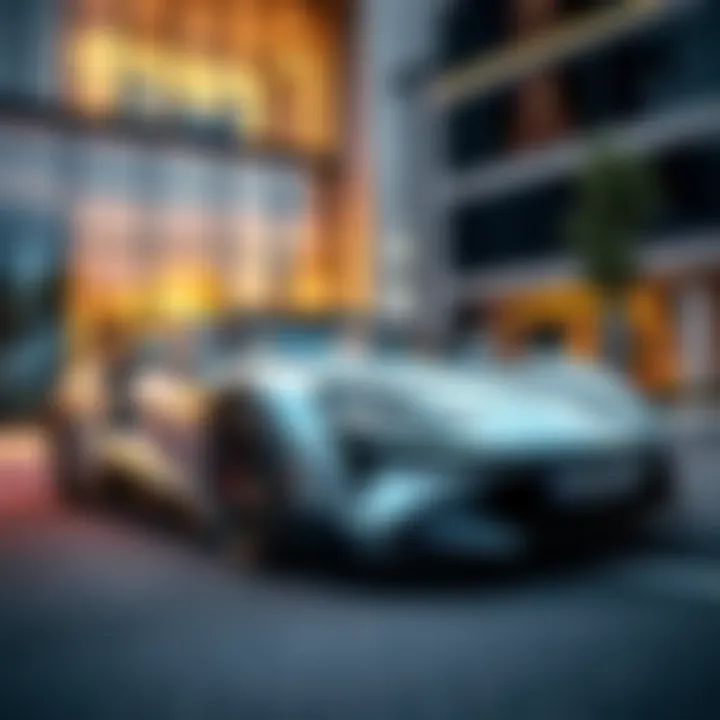Luxury in Motion A sleek, high-end sports car parked outside an upscale office building with a hint of cryptocurrency logos subtly blended into the background.