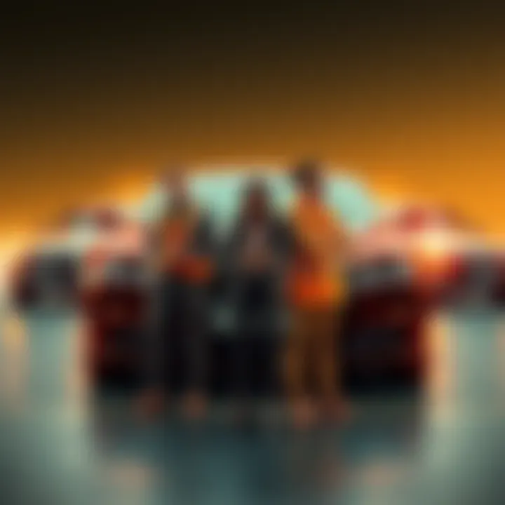 Contrast between company owners with luxury cars and employees in work attire looking concerned about their wages