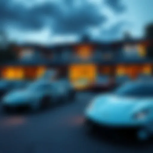 A collection of luxury cars including a Lamborghini and BMWs parked outside a modern mansion, representing extravagant spending from stolen cryptocurrency.