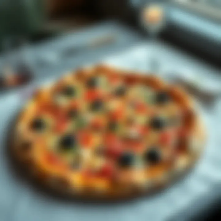 An extravagant pizza topped with truffles, caviar, and rare cheeses, served on a fine dining table