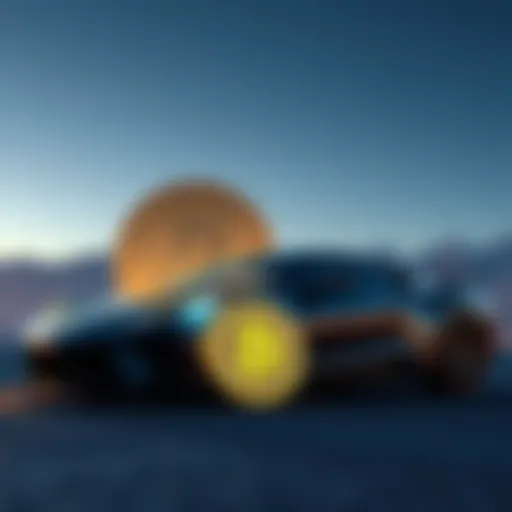 A luxury sports car parked beside a Bitcoin symbol, highlighting the choice between spending on a car and investing in Bitcoin during a price dip.