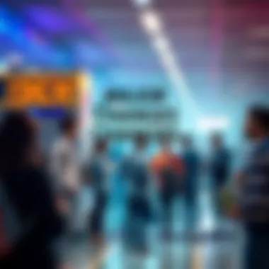 An announcement bulletin signaling operational changes with a backdrop of people discussing