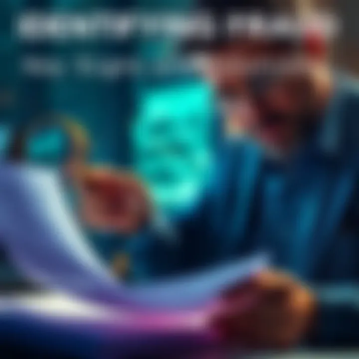 A man examining financial documents with a magnifying glass to identify signs of fraud