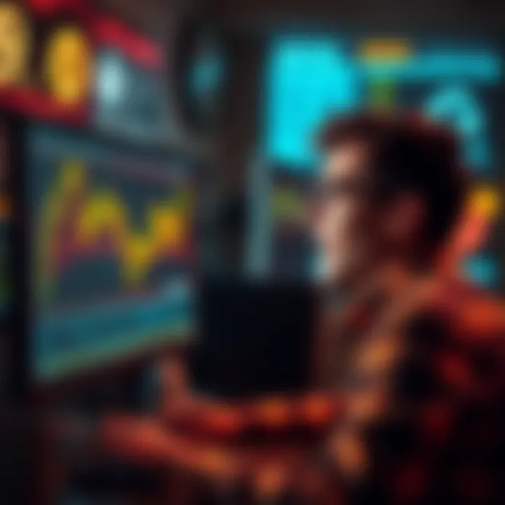 A young man looking at a computer screen showing Dogecoin's price chart with excitement