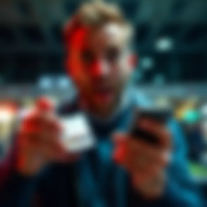 A man looking shocked while holding a screenshot of his betting loss on a mobile device