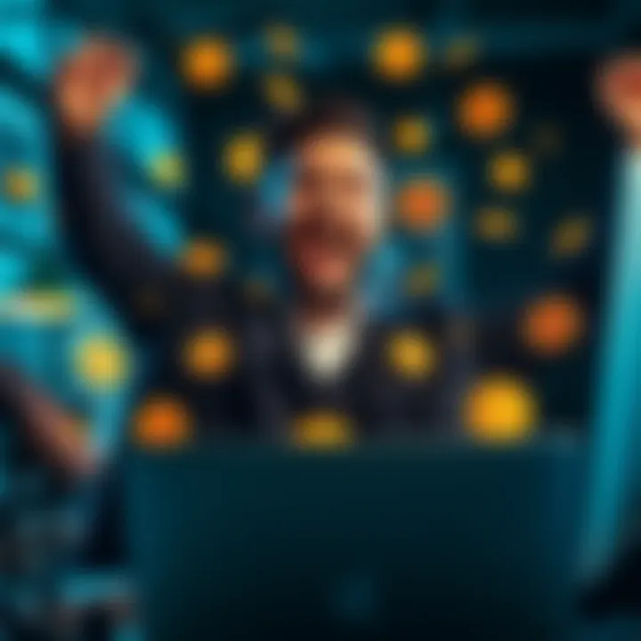 A man joyfully celebrating with a computer and Bitcoin symbols around him after recovering his lost Bitcoin worth £3.3 million.