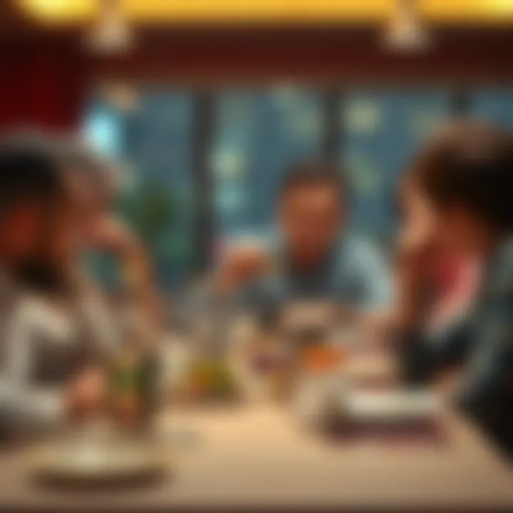 A man sitting at a dining table with his future in-laws, looking uncomfortable as he checks his declining bank card. The atmosphere is tense, with worried expressions around the table.