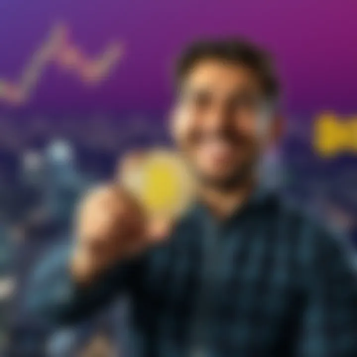 A man smiling and holding a Bitcoin in his hand, representing his successful investment journey, with a backdrop of financial charts and a city skyline
