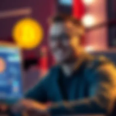 A man smiling at his computer screen while interacting with an AI chatbot about Bitcoin recovery