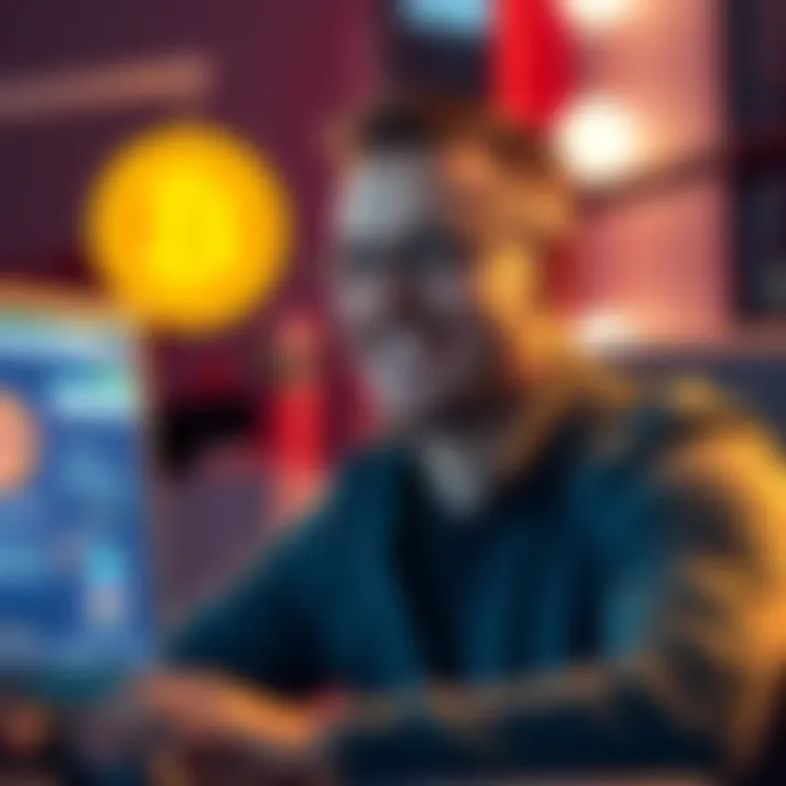 A man smiling at his computer screen while interacting with an AI chatbot about Bitcoin recovery