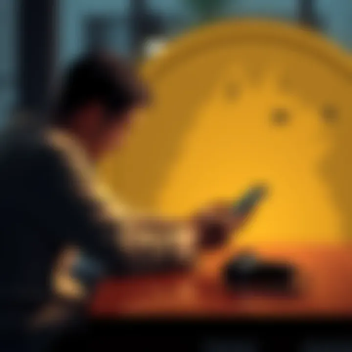 A man sitting alone at a table, looking at his phone with a sad expression, a Dogecoin logo in the background symbolizing lost hopes.
