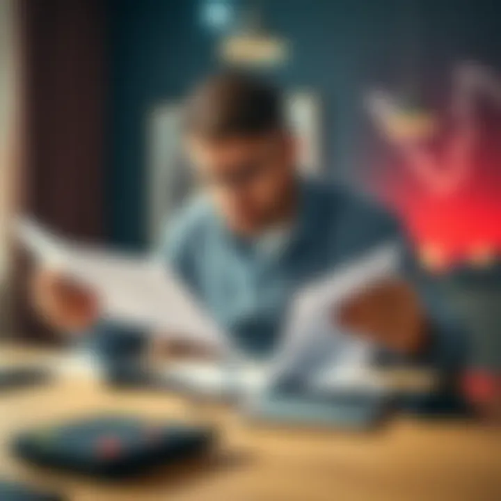 A man in his mid-30s examines his car insurance documents at a table with a calculator, looking confused about his coverage.