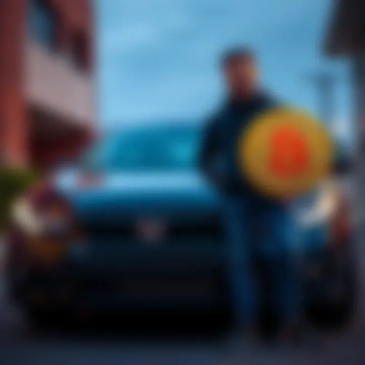 A man standing next to a sold Honda Civic holding a Bitcoin symbol, representing his investment choice.