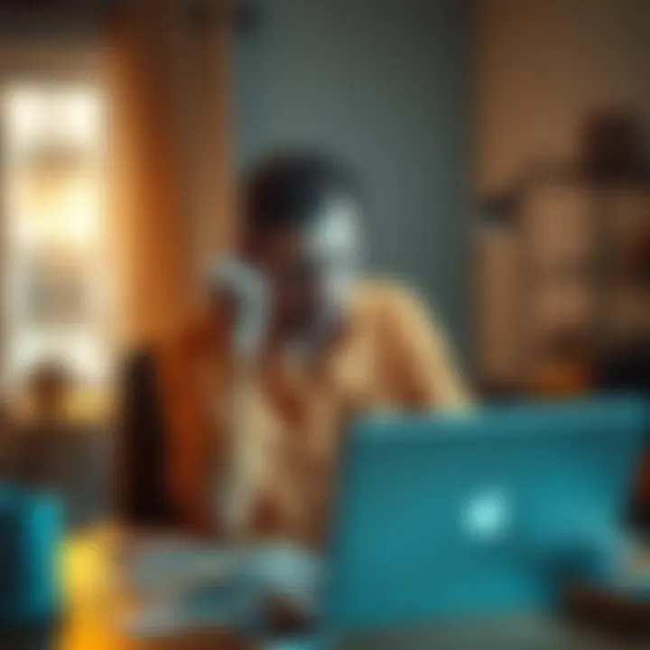 A distressed man sitting at a desk with a laptop and bills scattered around, showing signs of financial stress after losing money in a crypto investment.