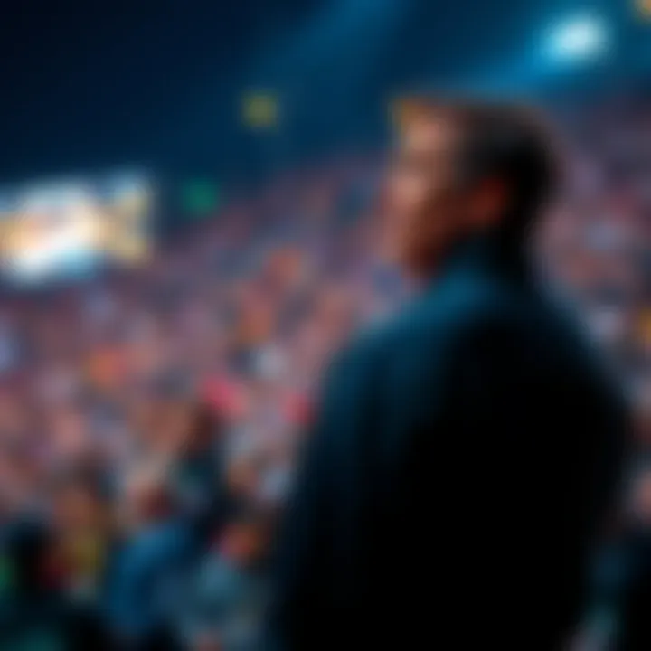 A man stands alone on the sidelines, observing a crowd enthusiastically pursuing a financial opportunity, with a look of disappointment on his face.