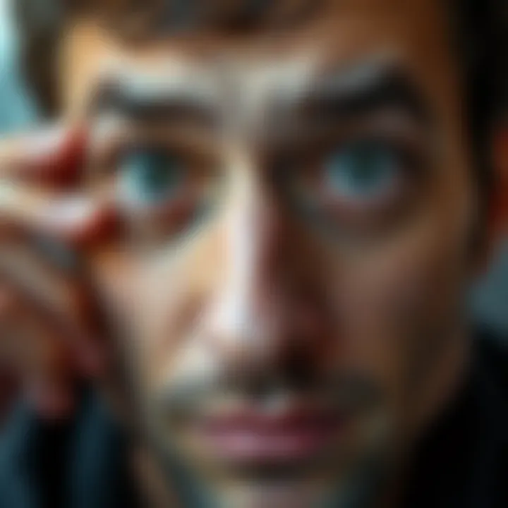 A close-up of a man showing his face with sparse eyelashes, looking thoughtful about eyelash regrowth. He appears concerned but hopeful.