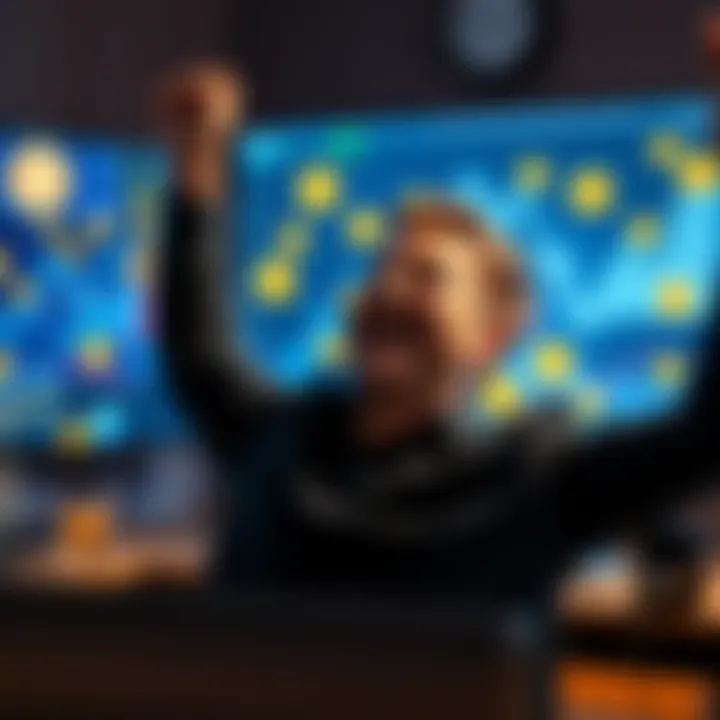 A man joyfully celebrating in front of a computer screen displaying Bitcoin symbols, representing his success in recovering digital assets after many years.