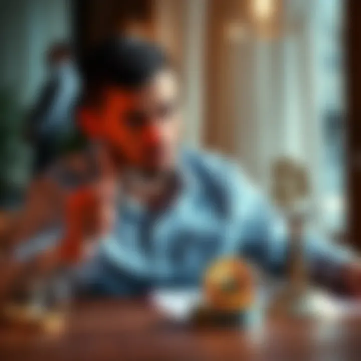 Man contemplating marriage and wealth A man sits at a table, looking worried while holding a wedding ring and a Bitcoin symbol, symbolizing his thoughts about marriage and financial honesty.