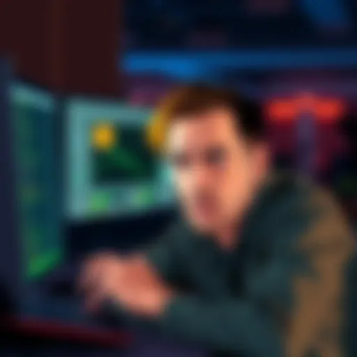 A man with a worried expression sitting in front of a computer with a hard drive illustration, symbolizing the loss of 9,000 Bitcoins