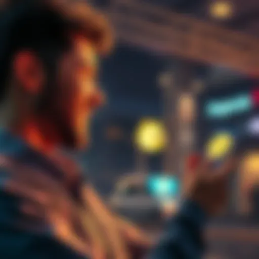 A man looking at his phone excitedly while showing a Dogecoin graphic on the screen, symbolizing a risky investment.