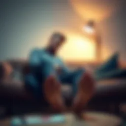 Man Looking at His Feet A man sits on a sofa, frowning as he looks down at his feet, reflecting his dislike for them. The setting is casual, with a soft glow from a lamp nearby.