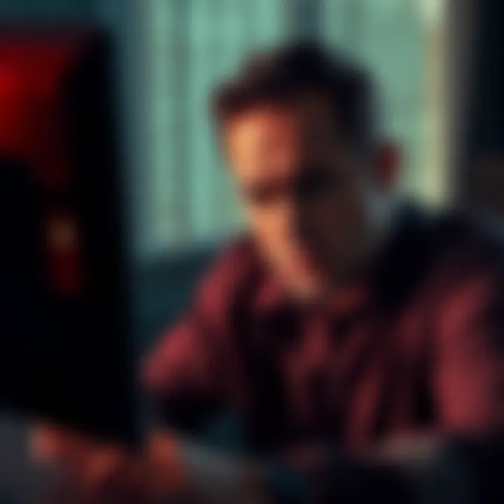 A distressed man looking at a computer screen with a sad expression, symbolizing a financial loss from a romance scam.