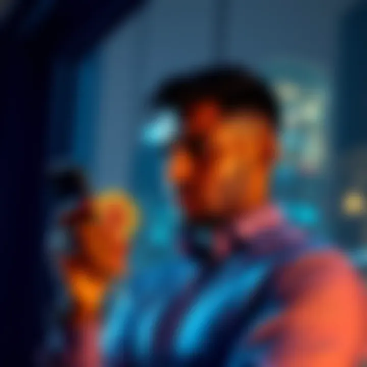 A man holding a smartphone with a bitcoin graph on the screen, looking thoughtful as he contemplates selling his investments.