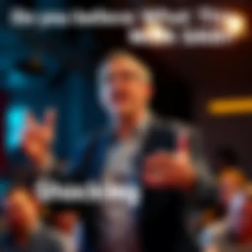 A man gestures passionately while speaking in front of an audience, expressing strong opinions that spark debate.