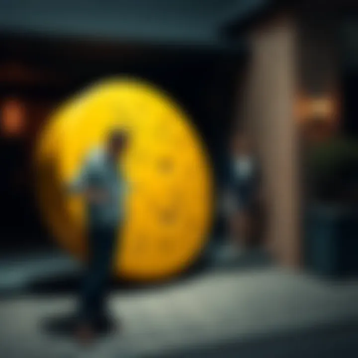 A man standing beside a large cheese wheel, looking frustrated as he holds eviction papers, while a woman walks away upset in the background.