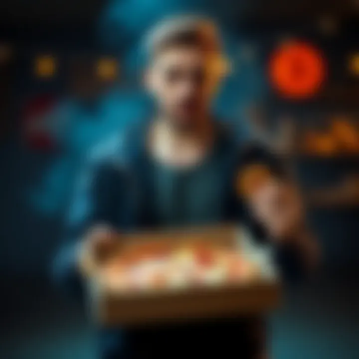 A man holding a pizza box while counting Bitcoin coins, symbolizing a memorable purchase from the past.