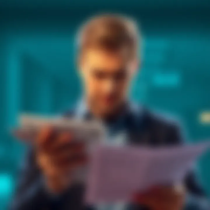 A man showing concern while looking at financial documents related to cryptocurrency