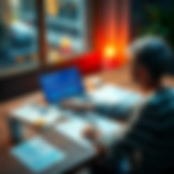 A person reviewing Bitcoin options on a laptop while sitting at a table with retirement plans and financial documents