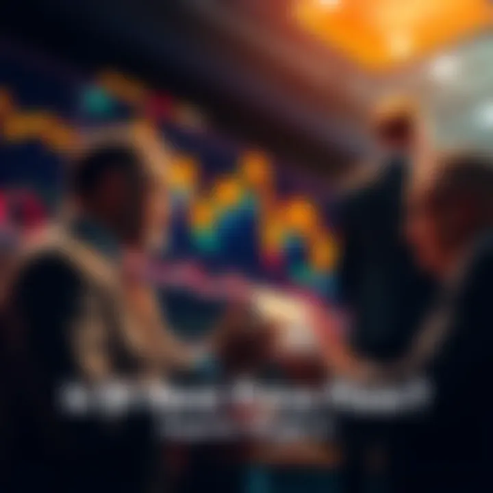 Financial experts discussing market trends with charts in the background