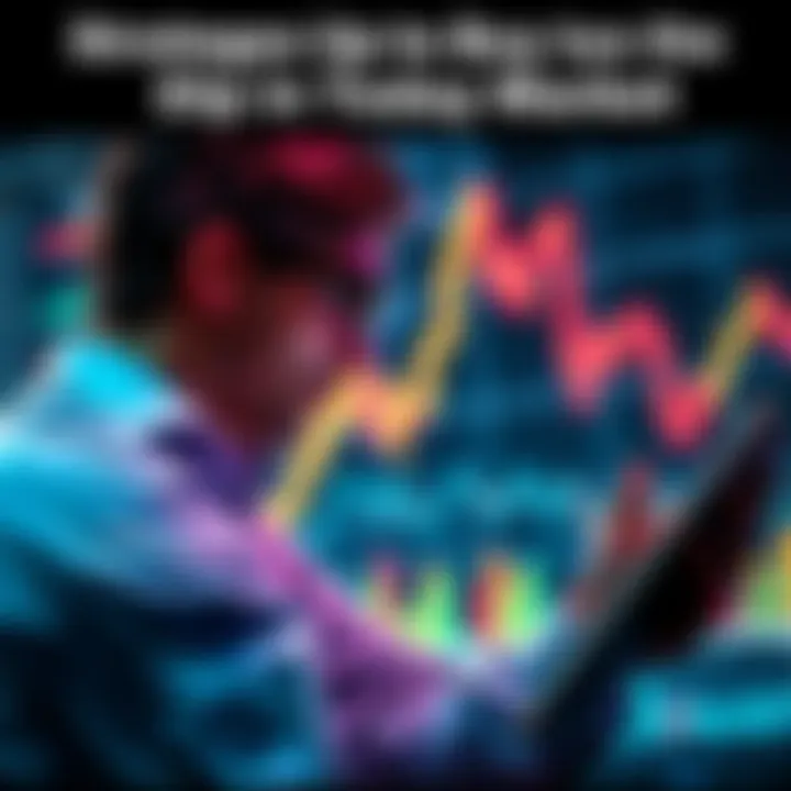 Investor examining market trends with a graph showing decline and recovery symbols in the background.