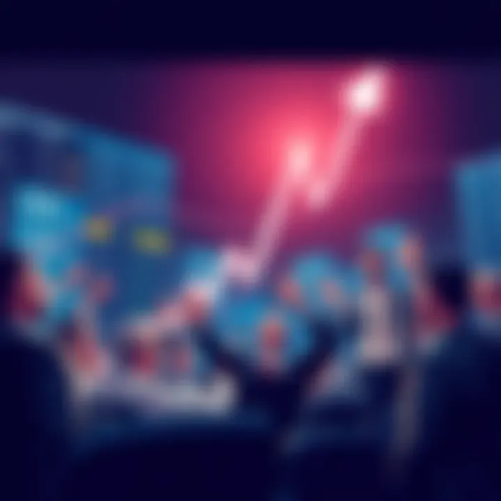 An illustration showing a stock market graph with an upward trend and people looking excited and anxious, capturing the volatility of the market