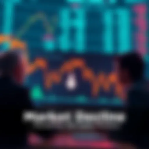 A stock market graph showing a sharp decline with arrows pointing downward and concerned investors looking at charts.