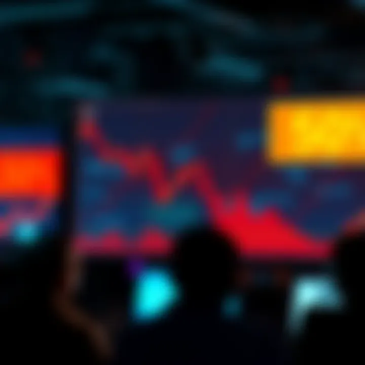 A graph showing a steep decline in market value, indicating a 50% drop, with people looking concerned at a computer screen.