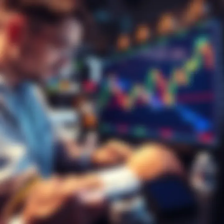 A trader analyzing a stock market chart showing a dip in prices with potential buying signals highlighted.