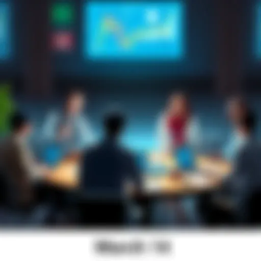 People discussing market trends and strategies at a round table with charts and laptops