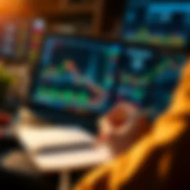 A person analyzing stock market charts on a laptop with a calculator and notepad, indicating investment opportunities.