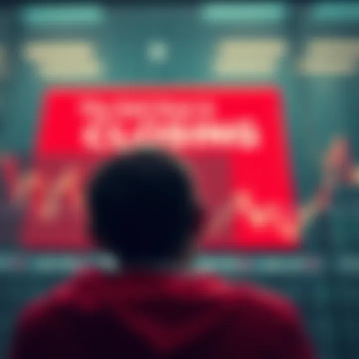 A person looking worriedly at a stock chart indicating a downward trend, with a large red warning sign in the background advising to sell before prices fall.