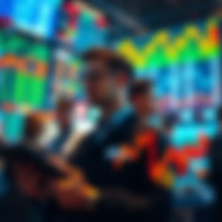 Visual representation of market sentiment with traders discussing strategies and analyzing graphs