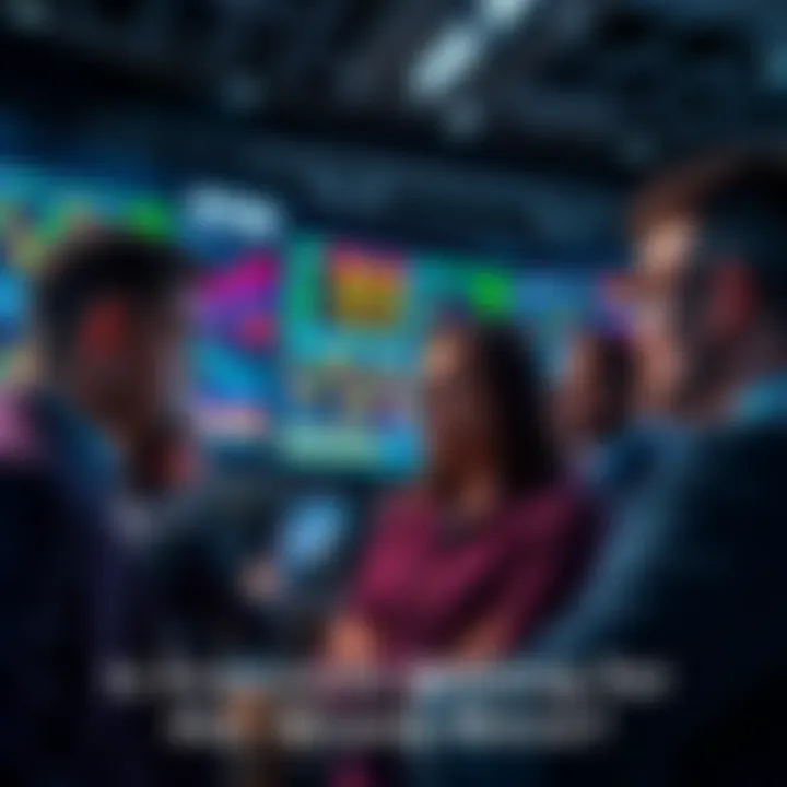 Market Sentiment Overview A group of people looking at stock charts on screens, showing concern and analysis. The expression of caution is evident as they discuss potential market moves.