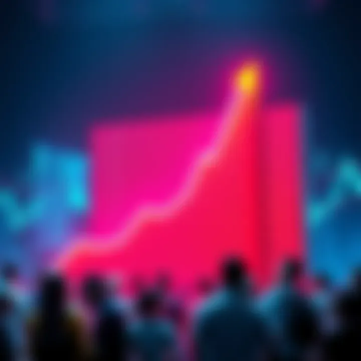 A graph showing a sharp upward trend in market activity, symbolizing a record high. People are engaged in discussions around it.