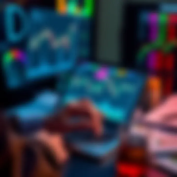 A person analyzing graphs and charts on a laptop, surrounded by financial reports and market data, representing current market trends and insights.