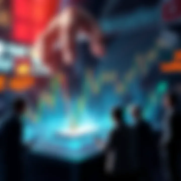A visual representation of a stock market graph in turmoil, with worried people discussing around a digital platform