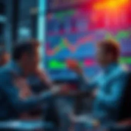 Analysts discussing market trends with charts and graphs, indicating low trading volume and sideways movements.